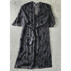 VTG Valerie Stevens Vintage Kimono Style Black Rose Sheer Slip Robe, Size Small